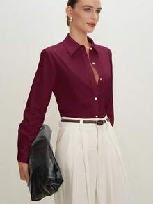 BizChic 浆果色翻领纽扣撞色衬衫，时尚优雅，都市通勤日常浪漫90年代复古风，适合圣诞节、新年、情人节、派对、海滩、毕业典礼等场合，百搭浪漫，也适合婚礼宾客、主人、约会、聚会、音乐会、早午餐、机场等多种场合。 - 酒紅色 - 查看 4