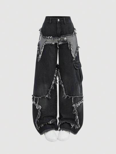 Girlism 少女时尚休闲 Y2K 复古酷炫街头风返校学院风黑色宽松牛仔裤，饰有怀旧水洗流苏、星形拼接和工装口袋，柔软舒适，适合日常穿着，也适合秋冬季节、锐舞派对和街头潮流。
