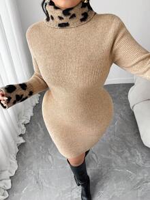 Elenzga 大码女式豹纹拼布长袖毛衣裙，休闲外套，适合婚礼宾客，秋冬季 - 棕色 - 查看 2