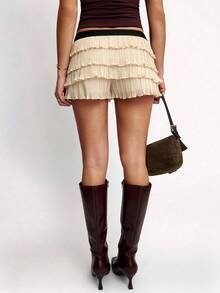 Avenya Women's Contrast Color Low Waist Pleated Ruffle Hem Shorts Skirt - Apricot - View 7