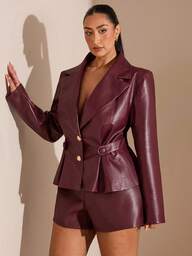 SHEIN BAE מכנסי מיני PU בגזרת בורדו וינטג' סקסית למראה עור לנשים במידות גדולות, מתאים למסיבה, ליל כל הקדושים, חג המולד, חג ההודיה, בגדי משרד סקסיים בתולת ים