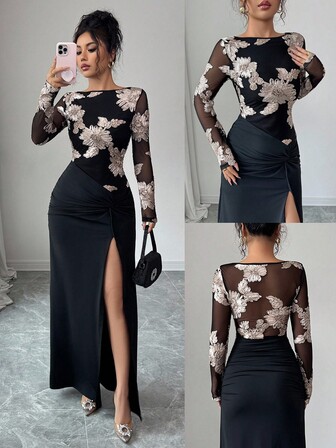 Rafferiza Elegant och sexig klänning med hög slits och broderad lapptäcke i mesh för kvinnor