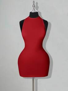 SHEIN ICON Váy ngắn hở lưng gợi cảm, đơn sắc, dáng chữ thập - Đỏ - Xem 7