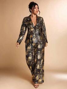 Cravure Christmas Plus Size Women Metallic Foil Elegant Suit Set, Suitable For Party And Office, Autumn/Winter - Multicolor - View 3
