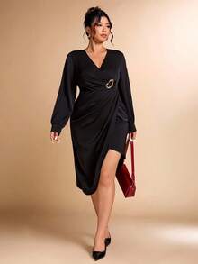 Cravure Christmas Plus Size Women's V-Neck Metal Buckle Elegant Wedding Guest Dress, Suitable For Office Wear, Autumn/Winter - Black - View 4