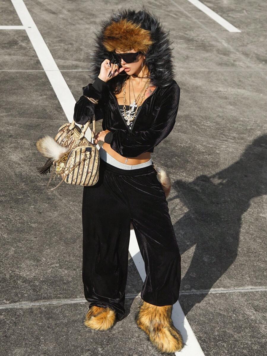 Coolane Women's Fall/Winter Streetwear Athleisure Basic Daily Wear Velvet Fur Collar Hooded Sweatshirt And Straight Pants Suit Set Two Pieces Outfits