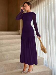 Aloruh Women's Elegant Party Solid Color Ruched Dress - Bold Plum - View 3