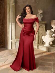 Aureia Váy phù dâu dài tay màu xanh lá cây hở vai, nhún eo, chất liệu satin sang trọng, viền đuôi cá, thanh lịch tối giản cỡ lớn - Màu Đỏ Sâu - Xem 7