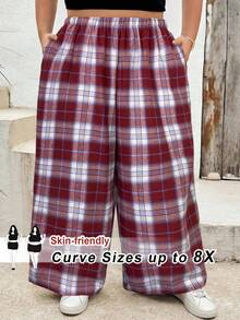 SHEIN CURVE+ 大码女装格纹裤黑白格纹松紧腰包臀阔腿休闲宽松裤女休闲阔腿裤曲线加大码Hoho度假 - 彩色 - 查看 6