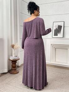 Modelyn Conjunto casual de 2 piezas de talla grande para mujer, con camiseta de manga larga con hombros oblicuos de unicolor y falda extra larga, para otoño - Morado - Ver 2