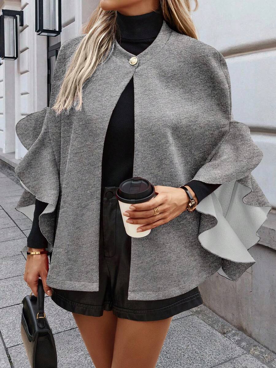 EMERY ROSE Women's Solid Color Single-Breasted Ruffled Hem Fashion Cape Woolen Coat, Autumn/Winter - Grey - View 1