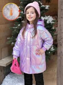 Young Girl' Cute Iridescent Glossy Hooded Pockets Ribbed Mid-Length Padded Coat Fall Winter - Purple - View 4