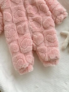 Newborn Baby Girl Cute 3D Ear Fluffy Pink Heart Pattern Zip-Up Hooded Romper, Autumn/Winter