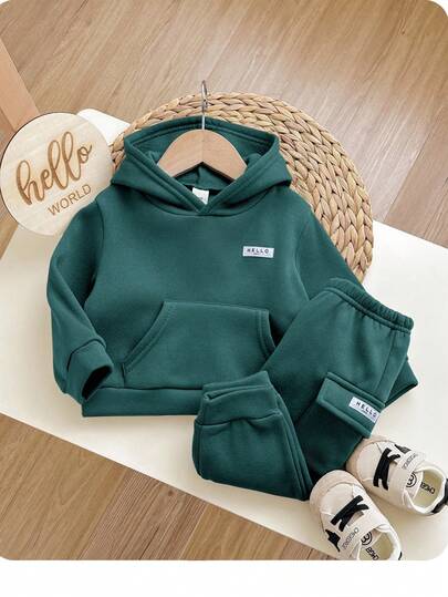 2pcs/Set Baby Boy Cute Dark Green Hoodie Sweatshirt And Elastic Waist Cargo Pants Set, Autumn/Winter Fall