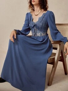 Chiquease Women's Elegant Bohemian Lace Patchwork Bowknot Dress - Blue - View 1