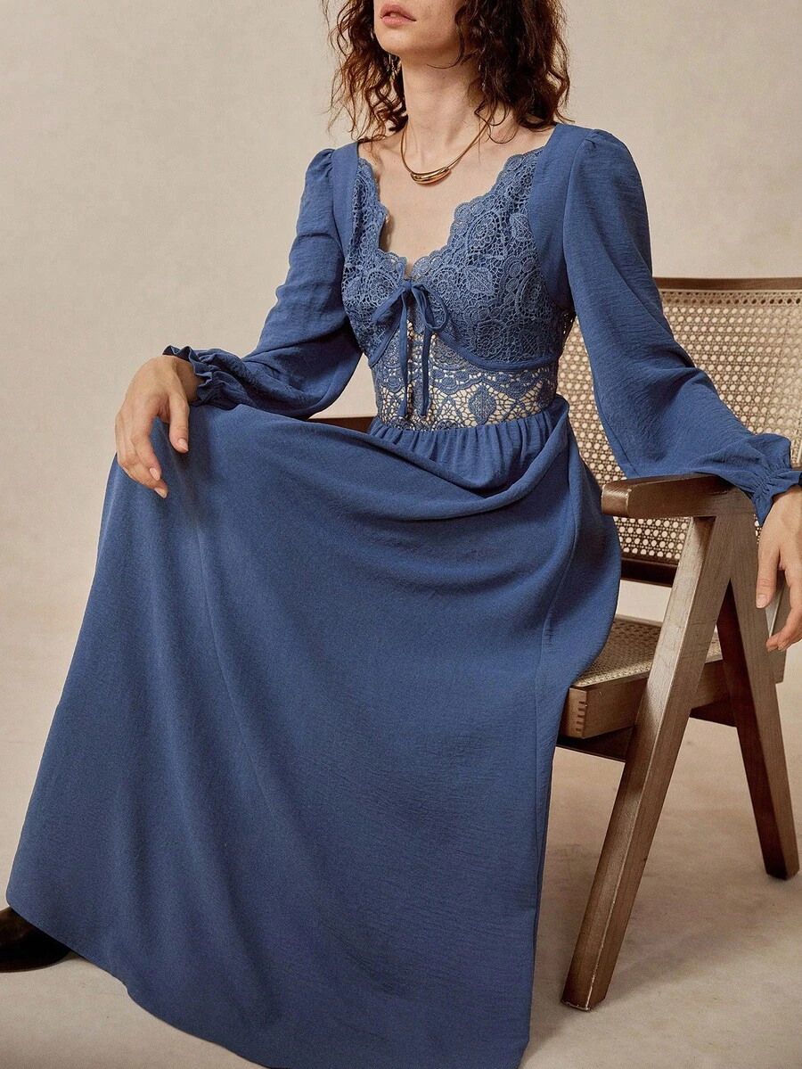 Chiquease Women's Elegant Bohemian Lace Patchwork Bowknot Dress - Blue - View 1