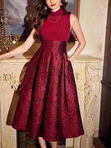 Vintamour 复古经典优雅派对女式连衣裙，修身混合材质拼布针织梭织连衣裙，高领无袖提花连衣裙，酒红色 - 酒紅色 - 查看 1