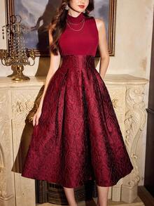 Vintamour 复古经典优雅派对女式连衣裙，修身混合材质拼布针织梭织连衣裙，高领无袖提花连衣裙，酒红色 - 酒紅色 - 查看 6