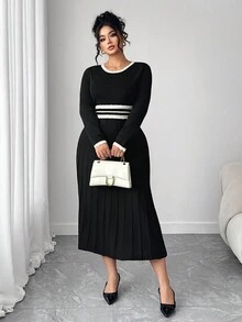 Elenzga Plus Size Women Fitted Elegant Sophisticated Color Block Striped Knit Dress - Black - View 7