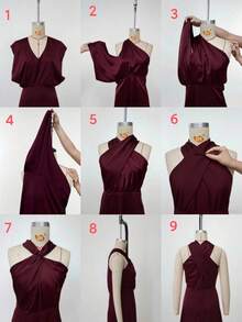 Anewsta 交叉（带固定扣）挂脖优雅都市度假无袖连衣裙 - 中紫紅色 - 查看 7