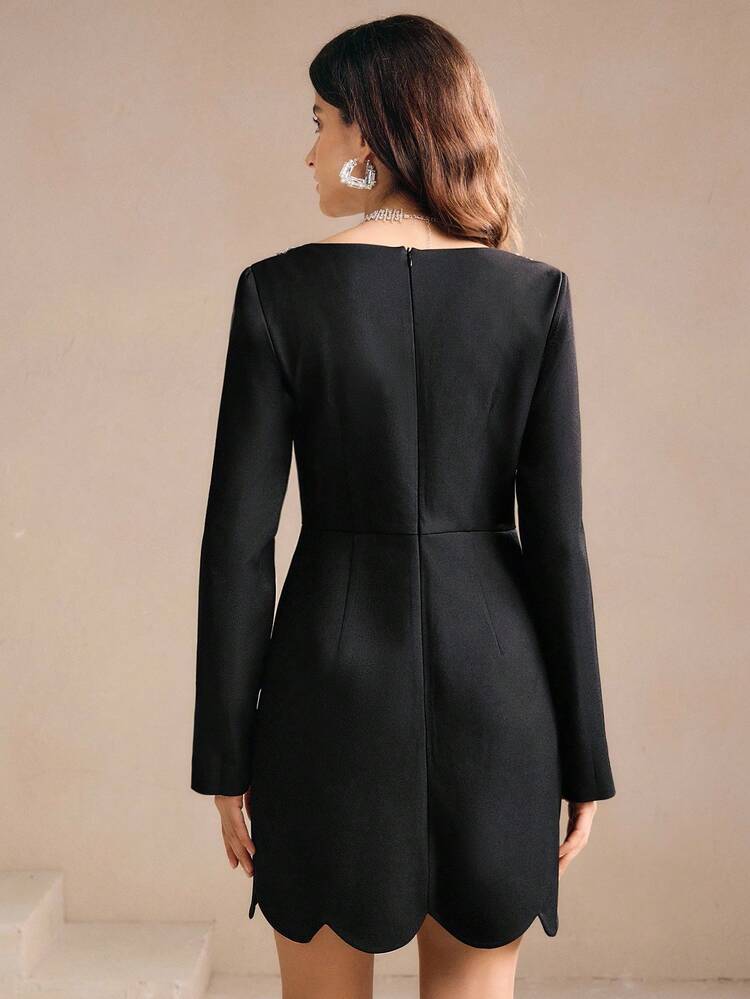 Women's Elegant Commuter & Date Night Dress, Ruffle Hem, Black Long Sleeve Square Neck Embellished Fitted Mini Dress, Autumn