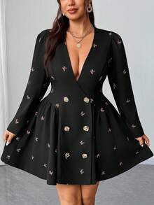 Elenzga Vestidos plus size sensuais com decote em V profundo e cintura elegante, manga comprida e cinto - Preto - Ver 6