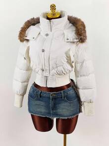 Y2K Amplova 大码冬季外套，纯白色毛绒条纹，带真口袋，百搭返校冬季外套 - 米色 - 查看 4