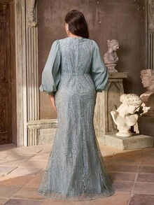 Aureia فستان أنيق وفاخر بأكمام فانوس مطرز بترتر رمادي أخضر، بخصر مزين بحزام ترتر وذيل مرمر مناسب لحفلات المساء، حفلات العزاب، المواعدة، الحفلات الرسمية، حفلات التخرج، الزفاف (ثقيل الوزن)