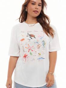 SHEIN EZwear Áo thun tay ngắn cổ tròn họa tiết động vật đại dương tối giản, thoải mái cho phụ nữ ngoại cỡ, thích hợp cho mùa hè - trắng - Xem 1