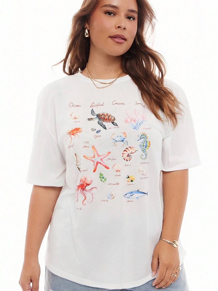 SHEIN EZwear Áo thun tay ngắn cổ tròn họa tiết động vật đại dương tối giản, thoải mái cho phụ nữ ngoại cỡ, thích hợp cho mùa hè - trắng - Xem 1
