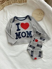 SHEIN 新生女婴可爱休闲百搭灰色针织长袖睡衣套装，心形和字母印花家居服 - 灰色 - 查看 4