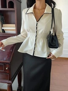 Serisse Elegant Black And White Contrast Trim Puff Sleeve Fitted Shirt For Women,Autumn Waist-Cinching Peplum Hem Blouse,Business Casual Tea Party Office Tops - Apricot - View 4