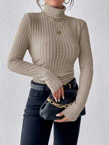 SHEIN Frenchy Turtleneck Ribbed Knit Textured Fabric Shirring Tee,Fall,Fall Clothes For Women Winter Casual Spring - Apricot - View 3