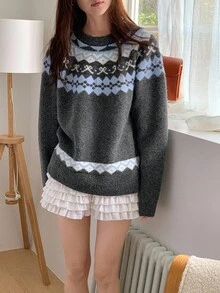 DAZY Women's Crew Neck Contrast Color Casual Loose Fit Long Sleeve Sweater, Korean Style, Autumn/Winter,New Year,Christmas