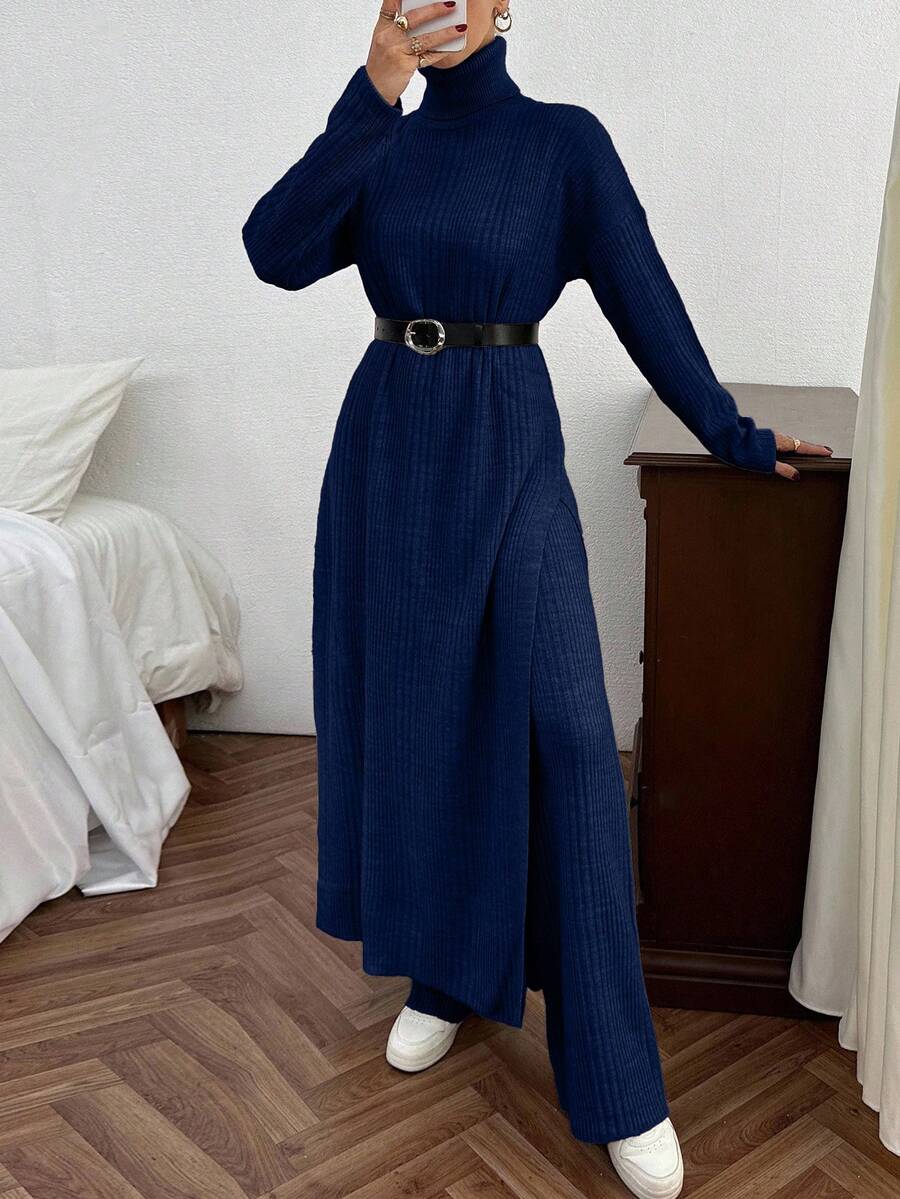 EURMUSE Women Solid Color Rib Knit Turtleneck Slit Detailed Long Sweater Dress & Sweater Pants Set - Navy Blue - View 1