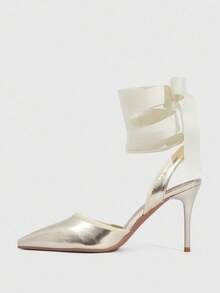 CUCCOO SZL Women's Fashion Pointed Toe Black Satin Ribbed Ribbon Tie Up Ankle Strap Suitable For Evening Party, Wedding, Stiletto High Heel Shoes - Gold - View 6