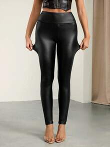 SHEIN Tall 女士性感黑色纯色长裤，修身显瘦高个版型，适合冬季、感恩节、休闲场合，黑色长裤，性感皮裤，派对舞池，休闲穿着，百搭黑色长裤 - 黑色 - 查看 3