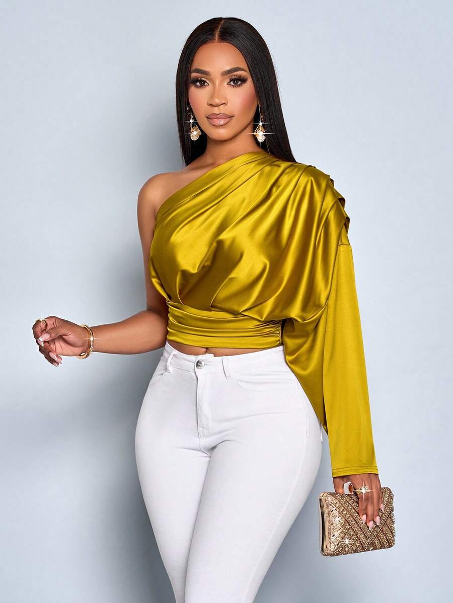 SOLERSUN Áo cánh satin dài tay xếp ly một bên vai thanh lịch dành cho nữ, áo dài tay vải thu dành cho nữ - Màu Mù tạt vàng - Xem 1