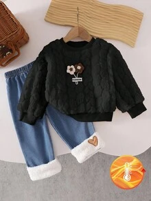 SHEIN 女婴碎花长袖上衣和心形毛绒牛仔裤套装，秋冬 - 黑色 - 查看 1