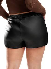 Solavibe Plus Size High Waist Solid Color Zipper Shorts, Autumn/Winter - Black - View 3
