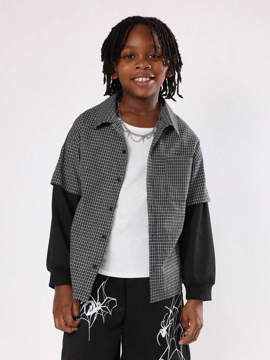 SUMWON 青少年男孩黑色格纹双层长袖棉质休闲衬衫纽扣式多层外观经典街头时尚多层袖子独特设计 - 黑色 - 查看 1