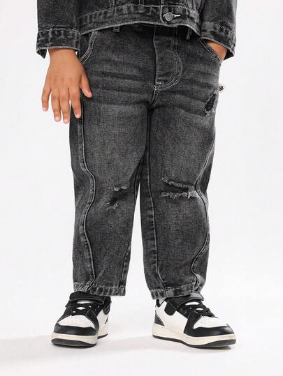 SUMWON Cotton Kids Distressed Baggy Jeans With Ripped Details Grey Denim Cargo Pants Regular Fit Casual Street Style Bottoms Winter Fashion