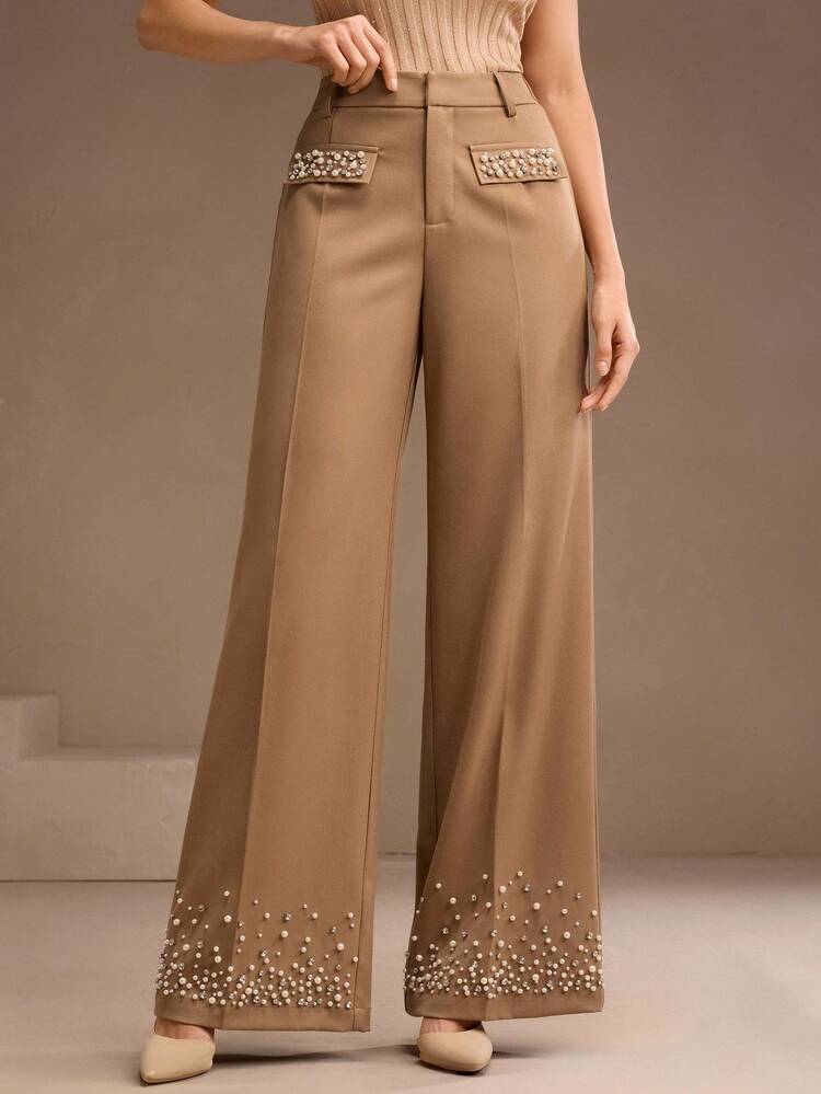 Women's Modern Elegant New Mixed Faux Pearl & Rhinestone Embellished Pants, Suitable For Autumn, Fall, Winter, Going Out, Elegant, Formal, Chic, New Year, Christmas, Graduation, Wedding, Business