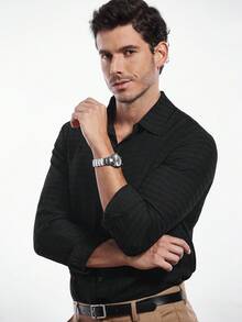Calvornis Camisa casual de negocios de manga larga con jacquard de unicolor a cuadros para hombres - Negro - Ver 5