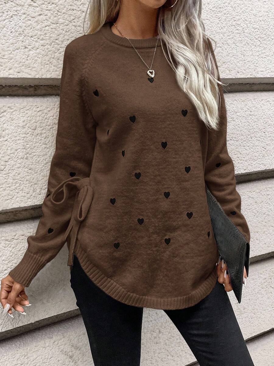 SHEIN Frenchy Women's Heart Pattern Round Neck Raglan Sleeve Side Tie Casual Sweater, Autumn/Winter,Brown Top - Brown - View 1