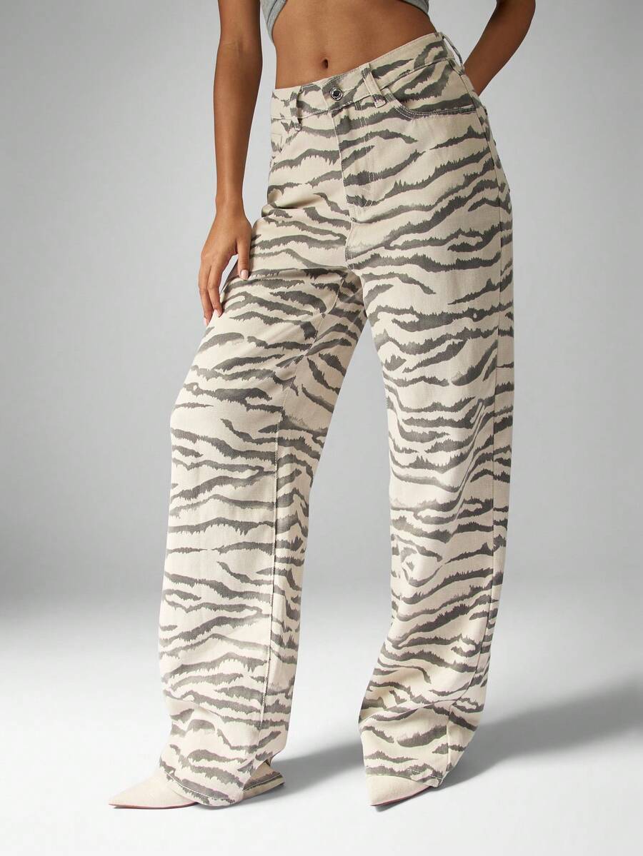 MISSGUIDED Cotton Wide Leg Zebra Print Denim Jeans High Waisted Casual Fashion Animal Pattern Statement Pants Fall Winter Collection Modern Y2K Style