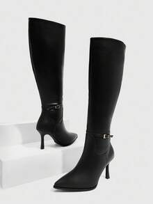 CUCCOO SZL 女式尖头细跟及膝靴，带侧拉链和带扣装饰，PU 材质，黑色 - 黑色 - 查看 3