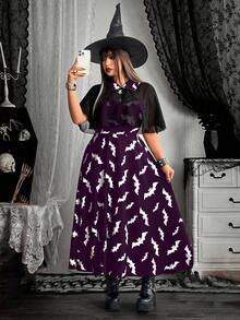 Whyspr 2 pièces/set Robe camisole élégante gothique avec imprimé chauve-souris et étole en mousseline, tenue de cosplay pour fête d'Halloween - Prune - Voir 6