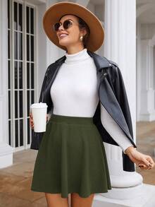 SHEIN Frenchy Women's Casual Versatile Solid Color A-Line Skirt Winter Elegant Green Christmas Spring - Army Green - View 6