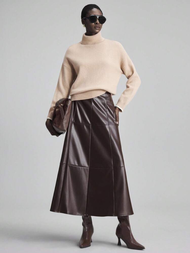 2026SS Women's A-Line Skirt, Solid Color Wine Red, Slit Design, Office Wear, Party, Valentine's Day, Vacation, Wedding Guest, PU Leather Loose Fit Skirt, Spring/Summer